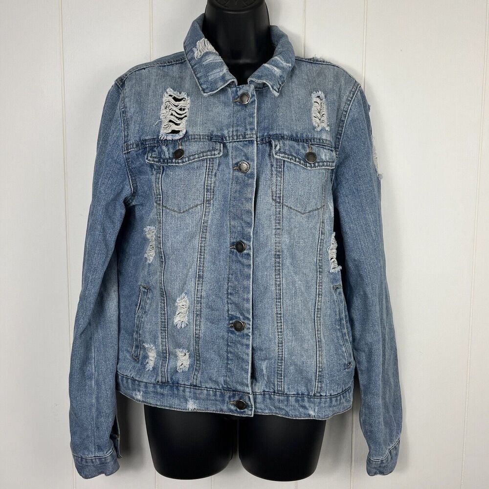 Ci Sono Women Jean Denim Trucker Jacket XL Heavily Factory Distressed Blue